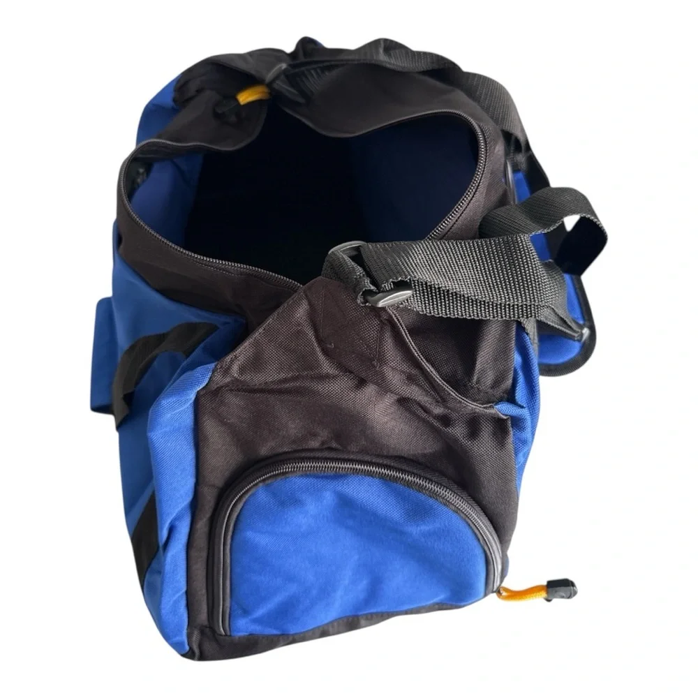 Blue and Black Duffel Bag with Yellow Accents